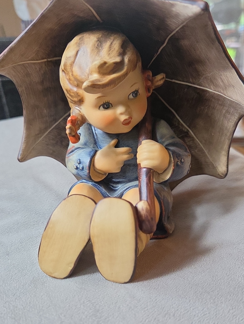 Hummel Hand-Painted Porcelain Girl Figurine with Umbrella - Blue